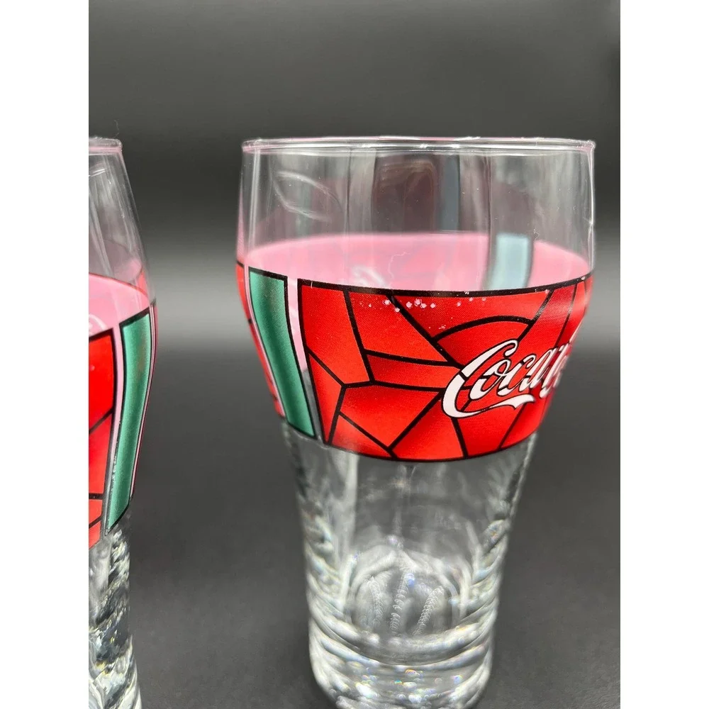 Vintage Coca Cola Stained Glass Set - Christmas Coke Glasses